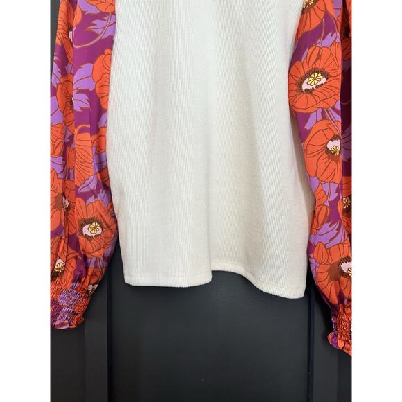 THML blouse With Cream Ribbed Body Orange Floral Balloon Sleeves - Size Small - Picture 5 of 8